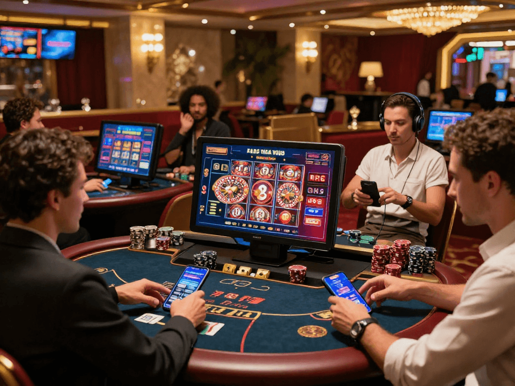 Ambiance de casino en ligne avec des joueurs engagés, illustrant l'évolution des jeux d'argent en 2026.