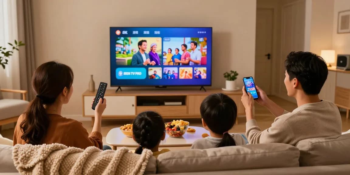 Regardez une famille enthousiaste profitant de l'expérience IRON TV PRO en 4K dans leur salon.