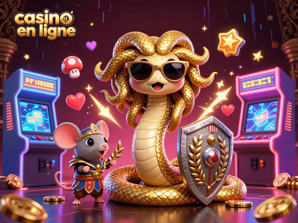 Gagnez des jackpots avec le casino en ligne : illustration dynamisée de Méduse et guerrier souris dans un univers ludique.