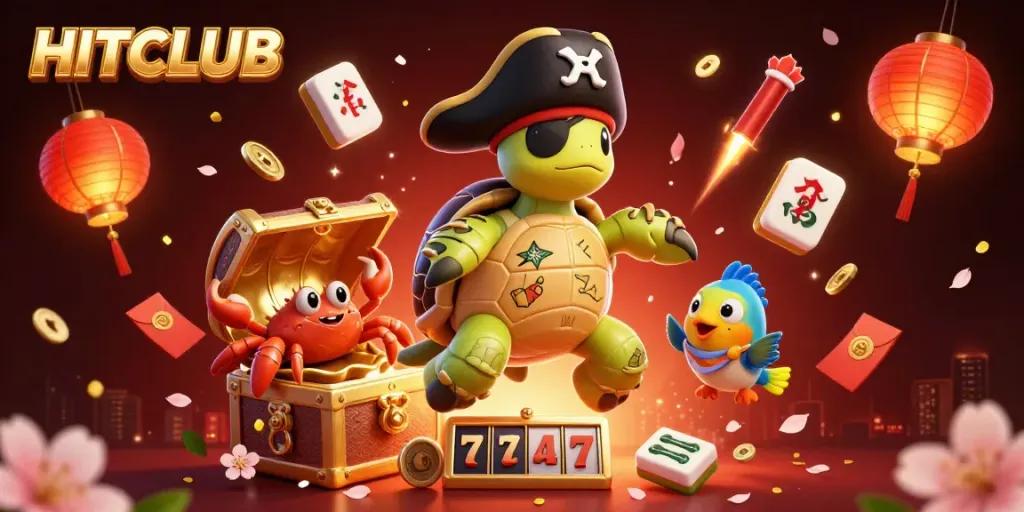 Engage with HITCLUB's dynamic gaming environment filled with vibrant slot reels and floating treasures.