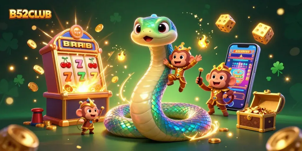 B52CLUB offers exhilarating gameplay with a vibrant 3D scene of a rainbow serpent and a monkey king amidst thrilling casino elements.