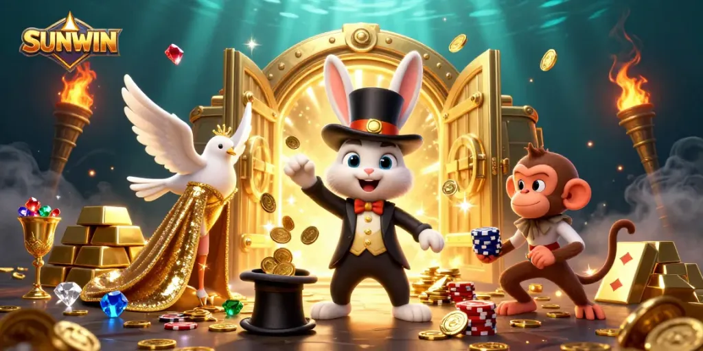SUNWIN magical scene with a rabbit magician and monkey stealing chips amid treasure vaults