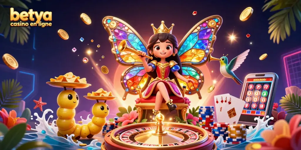 Experience excitement at betya casino en ligne with vibrant games, royal flush cards, and cascading coins!