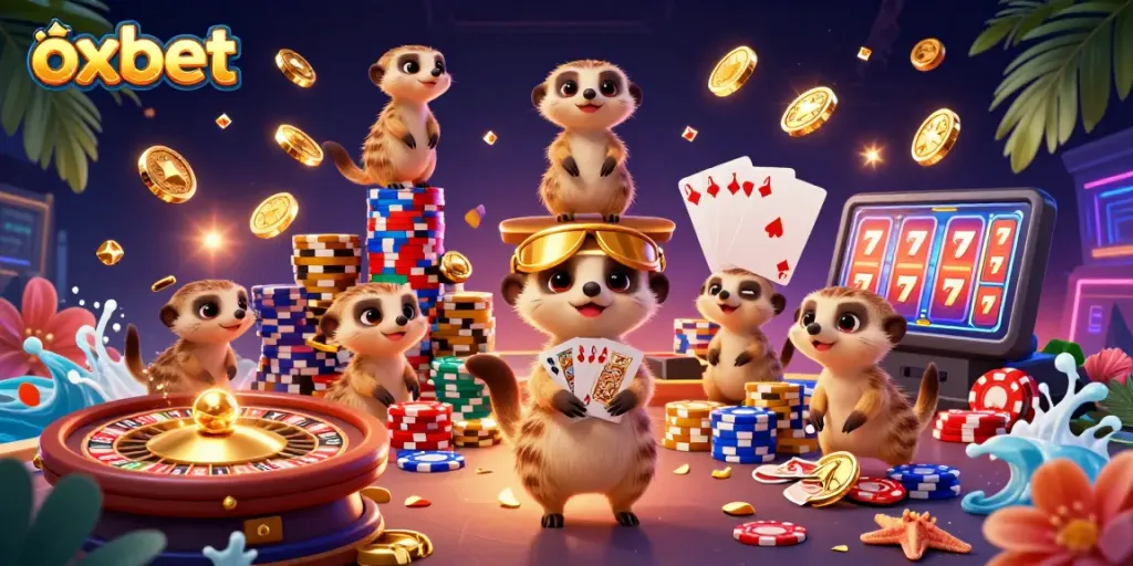 Experience exciting gaming actions at oxbet with meerkats operating a lively casino scene full of golden coins and cards.