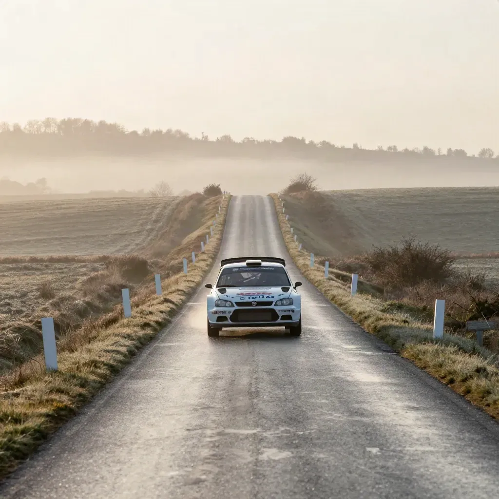 Voiture de liaison rallye sur route humide à l’aube, brume basse et barrières pliées au loin.