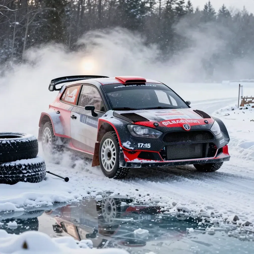 Hatchback de rallye noir et rouge sous la neige, pneus cloutés et brume glacée.