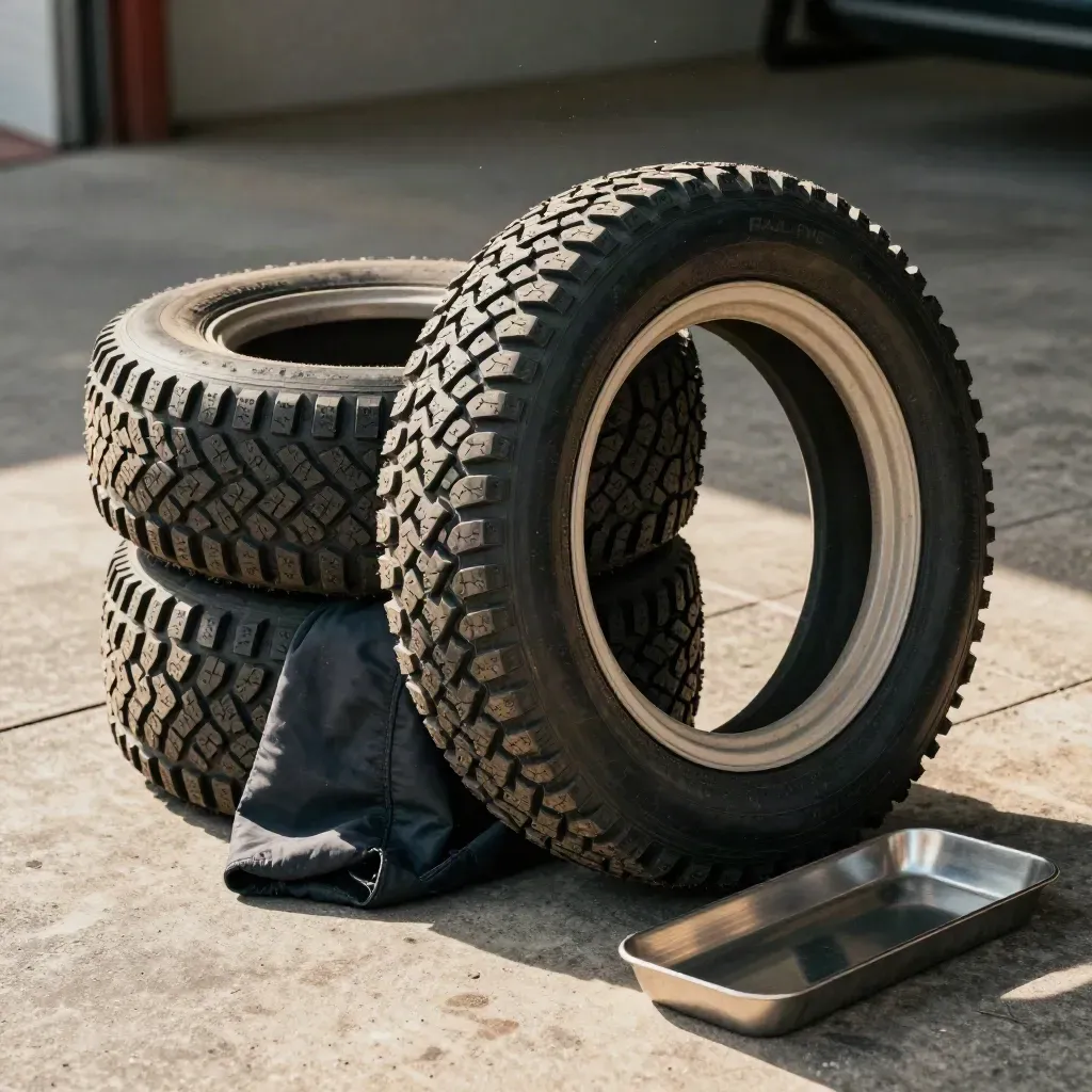 Pneus gravel empilés, roue montée et bac métal sur dalle de béton, lumière chaude latérale.