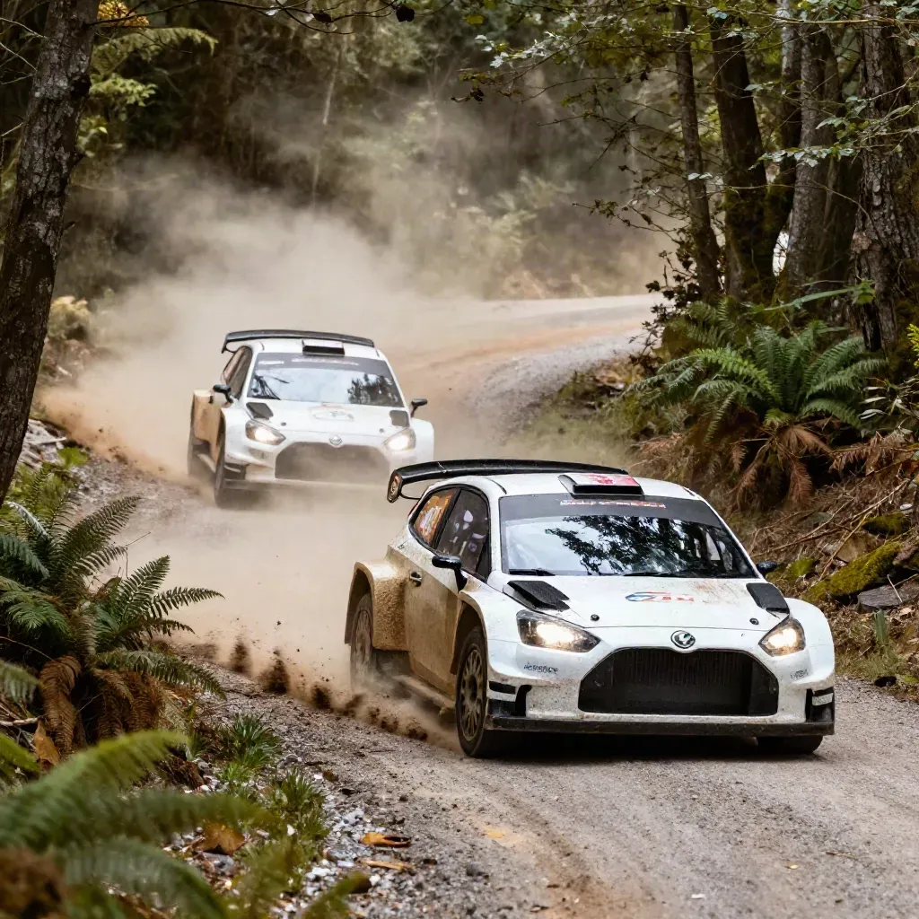 Deux Rally2 dans la poussière d’une forêt, l’une demi-longueur devant l’autre en virage.