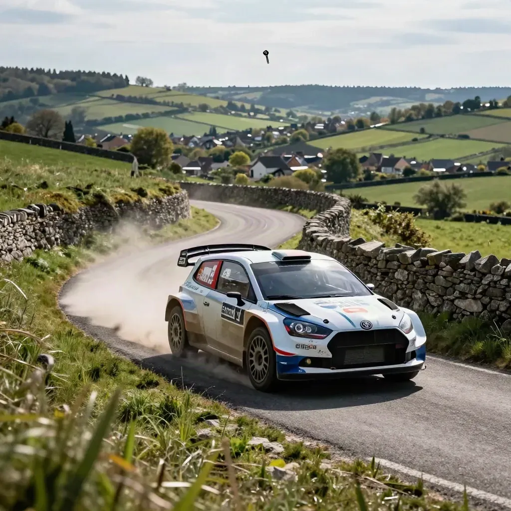 Voiture de rallye dans une vallée française, route en diagonale, muret de pierre et village au loin.
