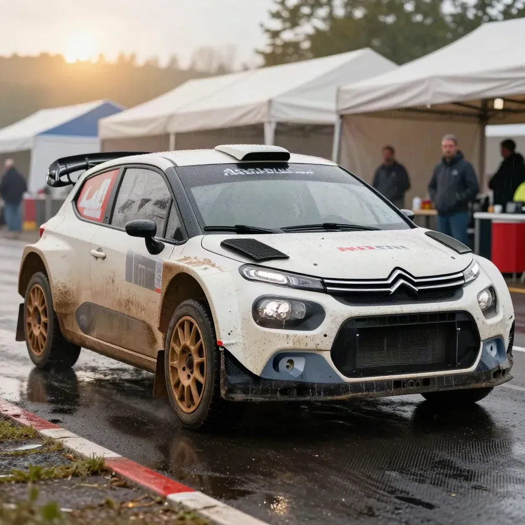 Citroën C3 Rally2 mouillée en parc fermé, vue trois-quarts avant sous bruine légère.