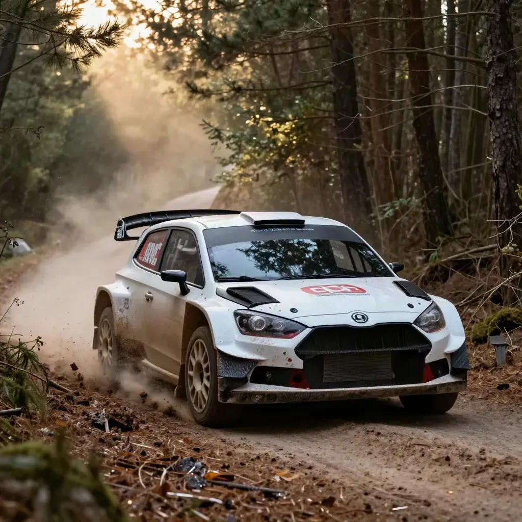 Voiture de rallye blanche projetant des graviers dans une forêt, lumière rasante