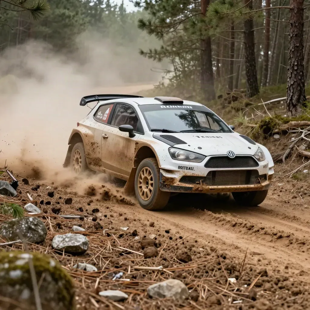 Voiture de rallye terre blanche bondissant dans la poussière sur une piste forestière creusée d'ornières.