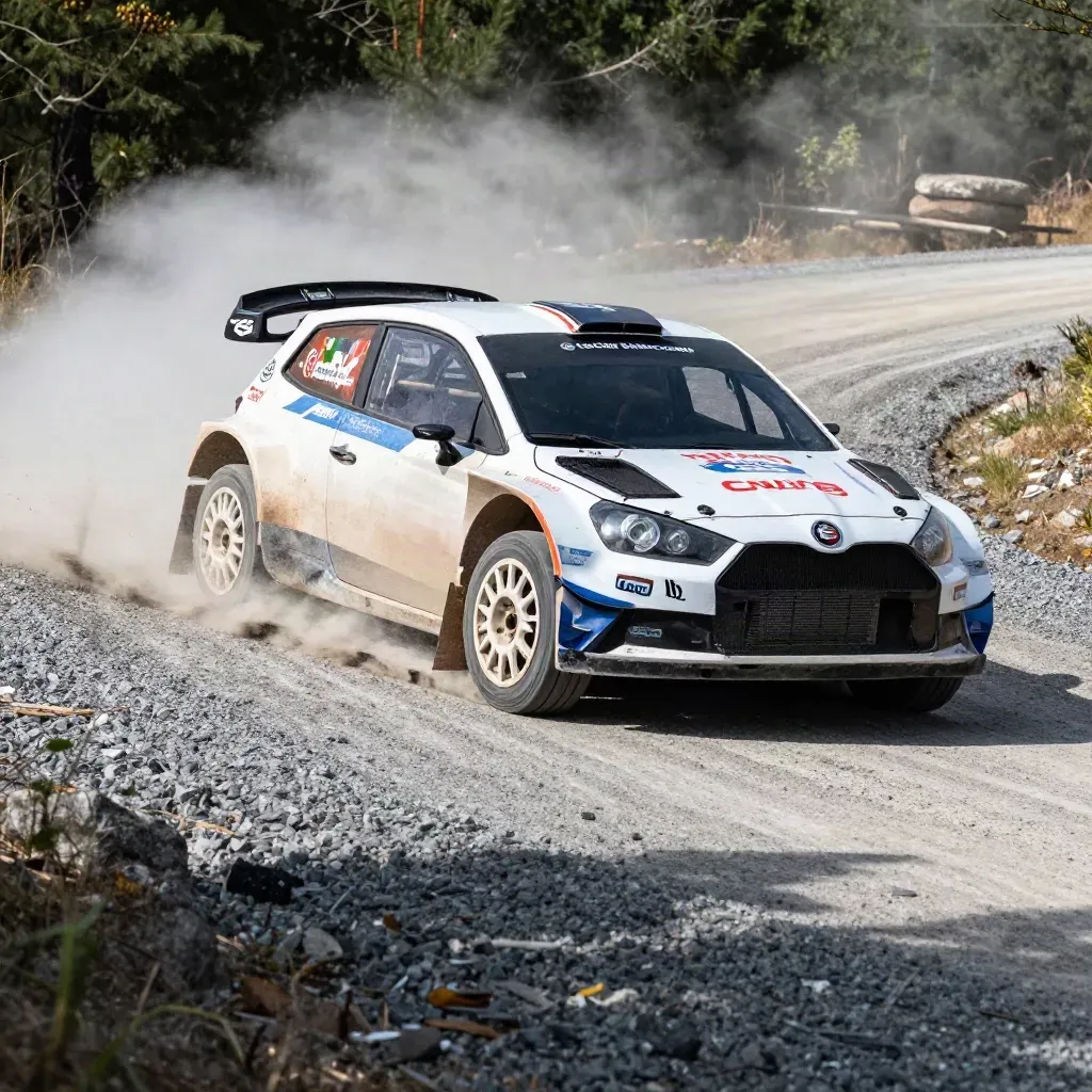 Rally2 en sous-virage sur gravier, vue haute trois-quarts, cailloux et poussière en suspension.