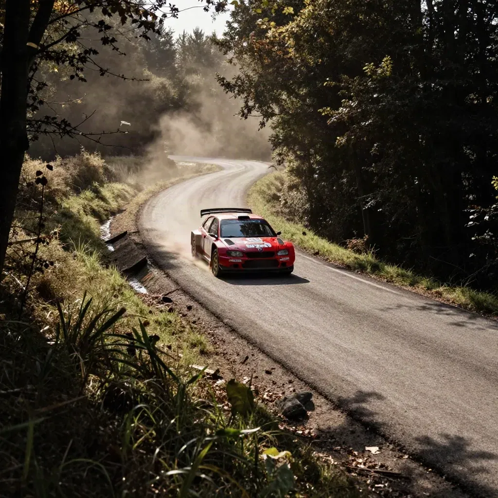 Voiture de rallye en virage sur spéciale étroite, vue haute depuis un talus, poussière et feuilles.