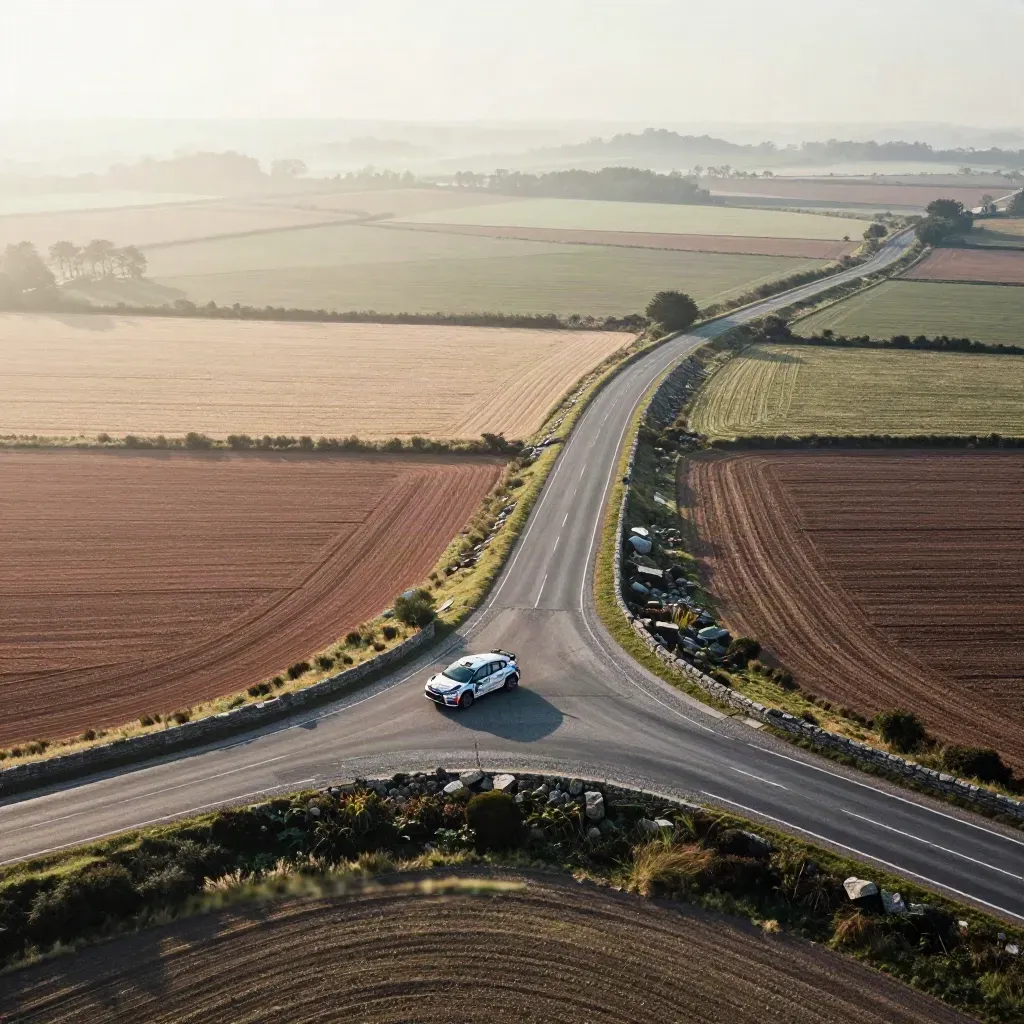 Vue aérienne d’une Rally2 sur un carrefour de routes rurales au-dessus des champs