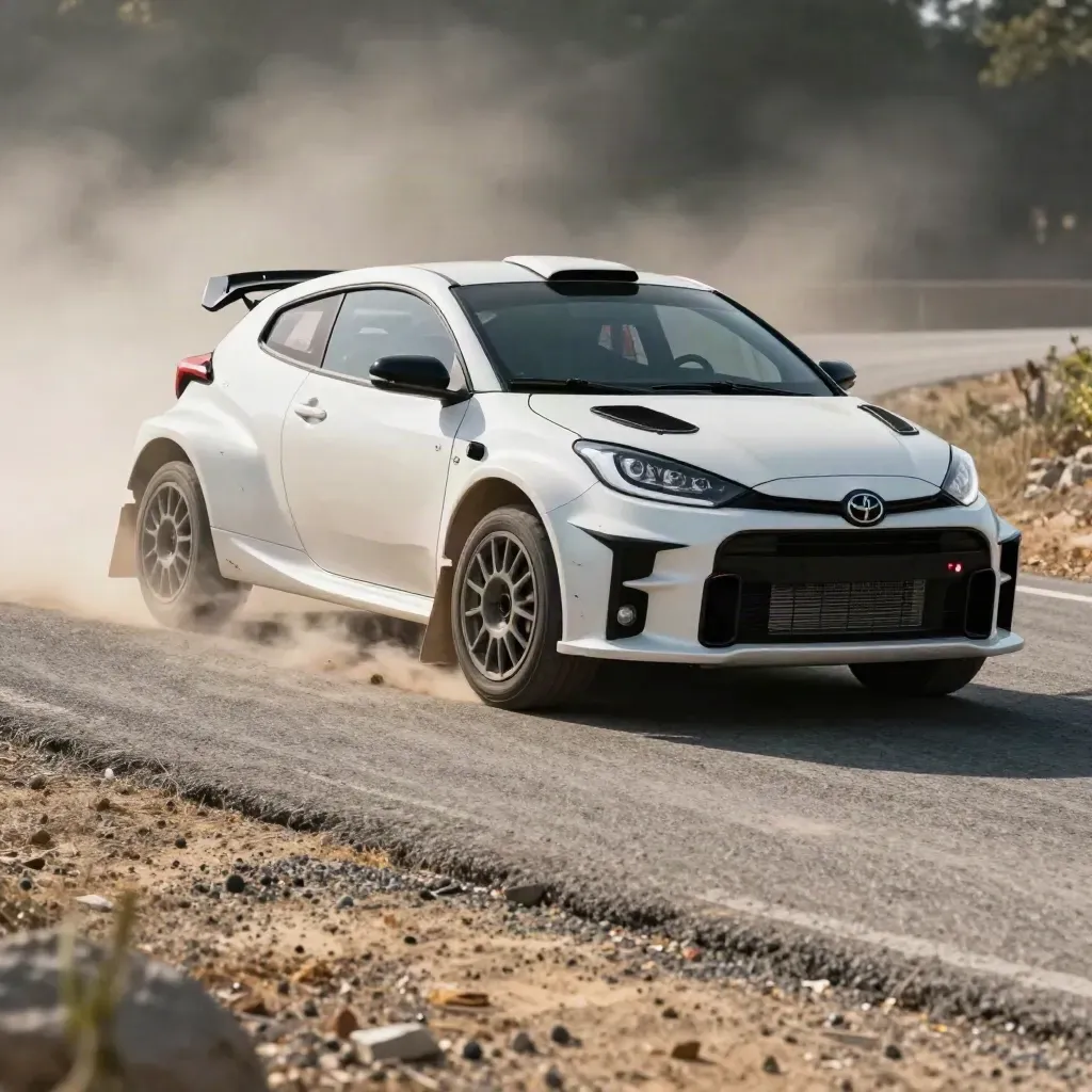 Toyota GR Yaris Rally2 blanche en appui sur asphalte, poussière chaude et lumière rasante.