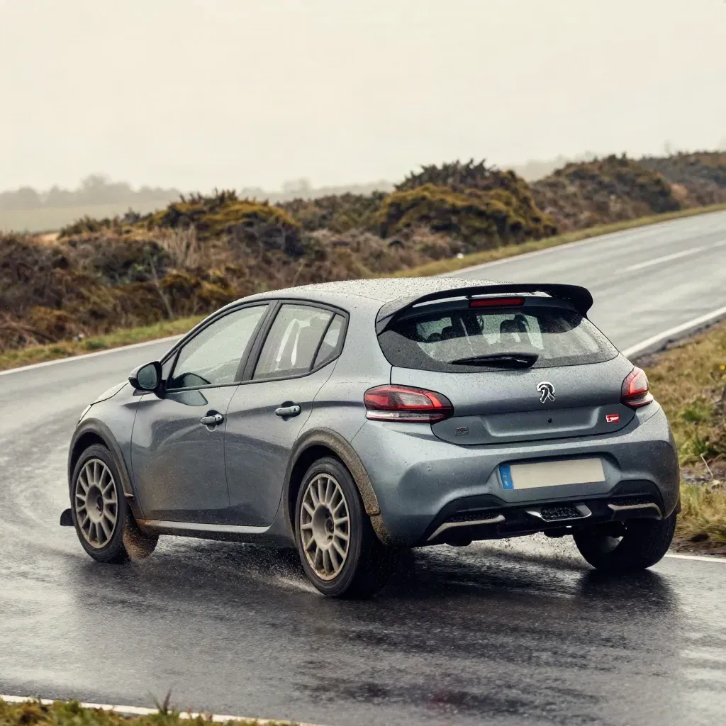 Peugeot 208 Rally4 en épingle humide, trois-quarts arrière, spray de gravillons et route étroite.