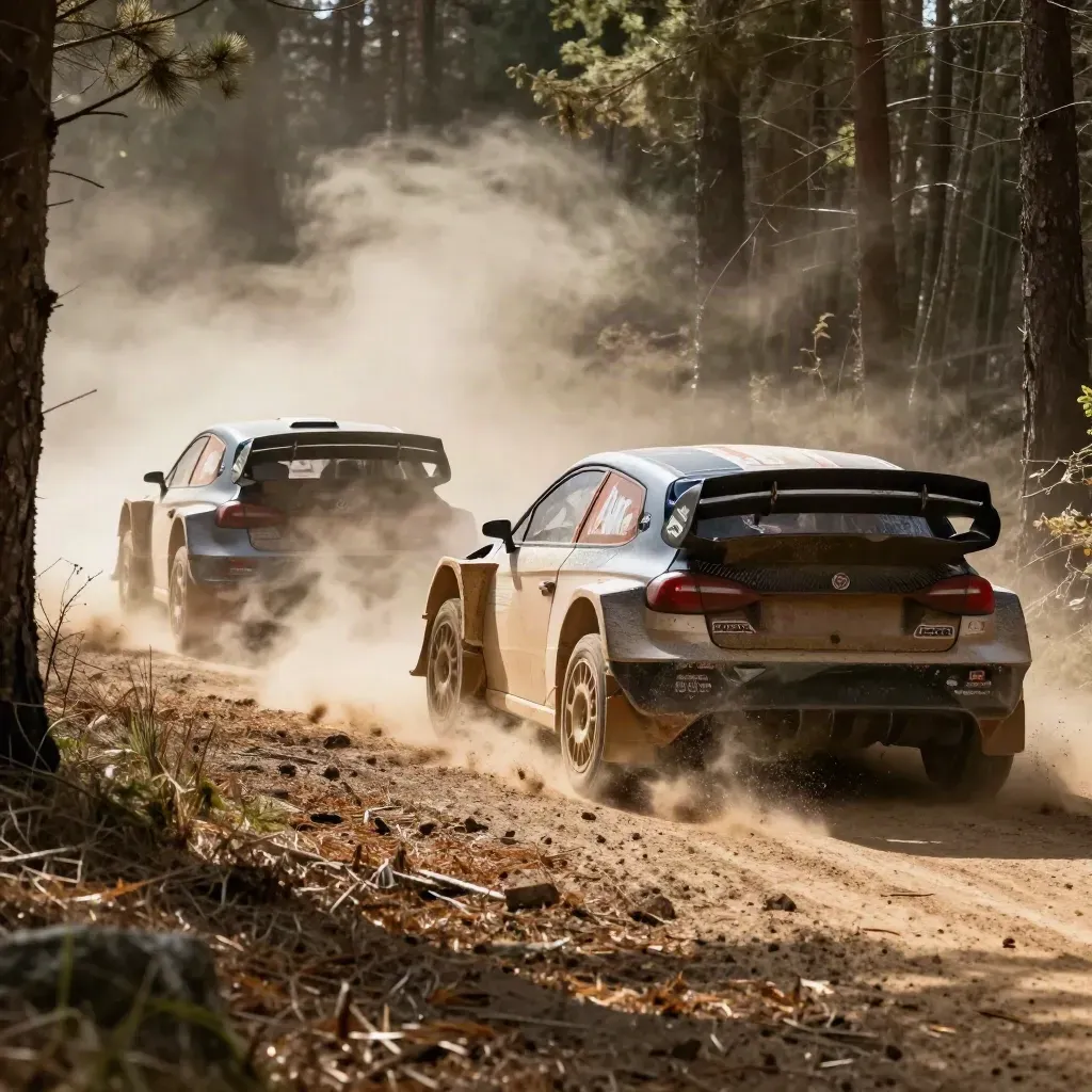 Deux voitures de rallye s’éloignent dans une forêt dorée, poussière et lumière de fin de journée.