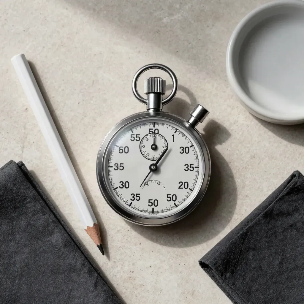 Chronomètre en alu brossé avec crayon blanc, tissu charbon et coupelle sur pierre claire.