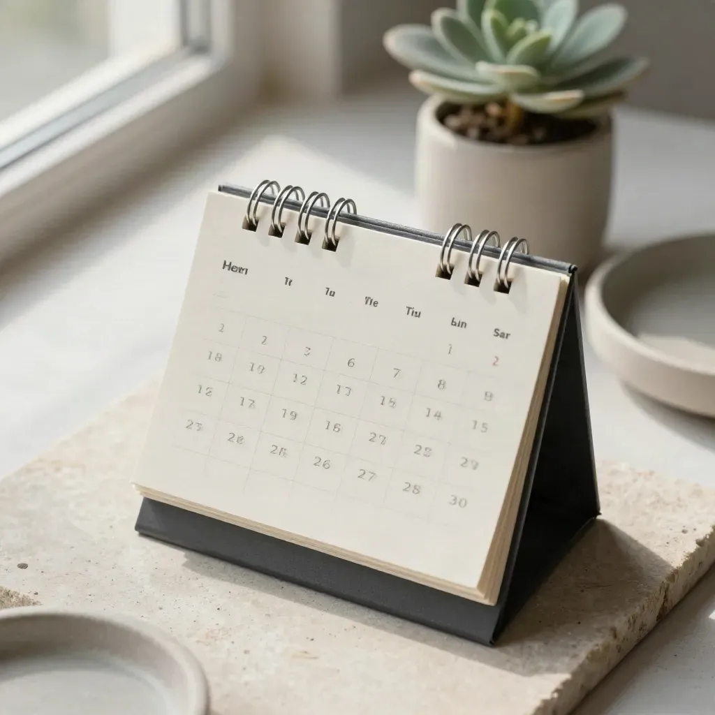 Calendrier de bureau à anneaux, plante et plateau en pierre sur fond de bois pâle.