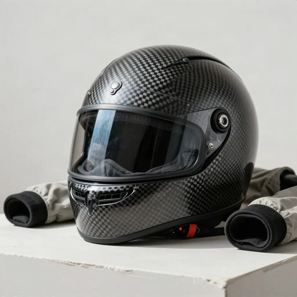 Casque carbone, cagoule pliée, visière miroir et manche de combinaison sur fond clair.