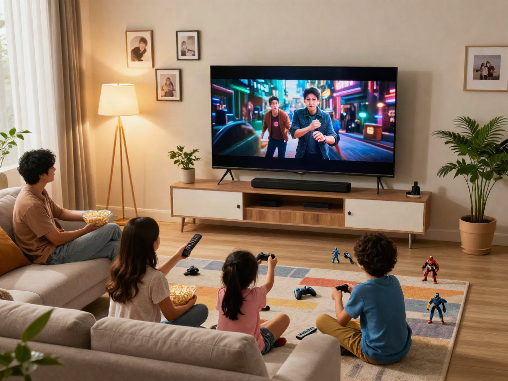 Family enjoying a movie night with Iron tv pro in a cozy living room.