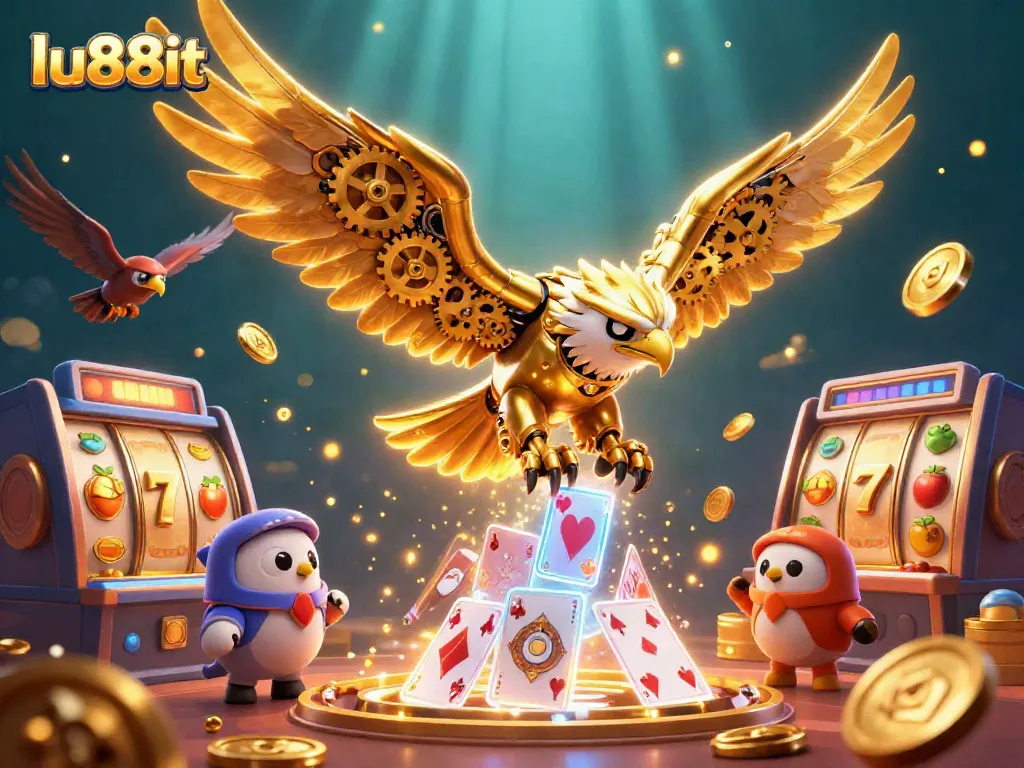 Engage with thrilling lu88it slots as a golden eagle dives through casino reels and holographic cards.