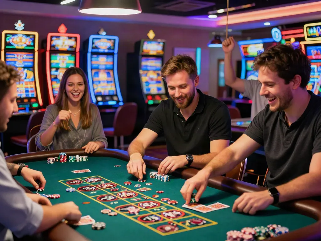 Joueurs heureux dans un casino gratuit, profitant de jeux de table et machines à sous.