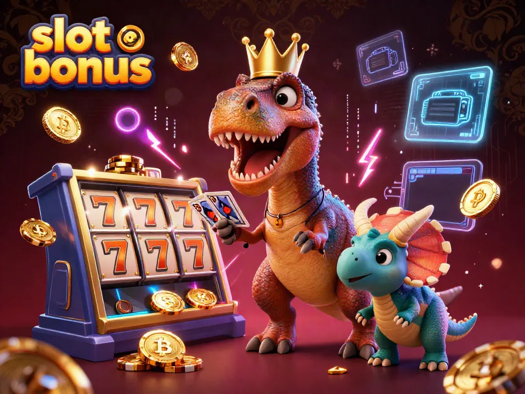 Engage with exciting slot bonuses alongside a T-Rex and friends in this vibrant 3D casino illustration.