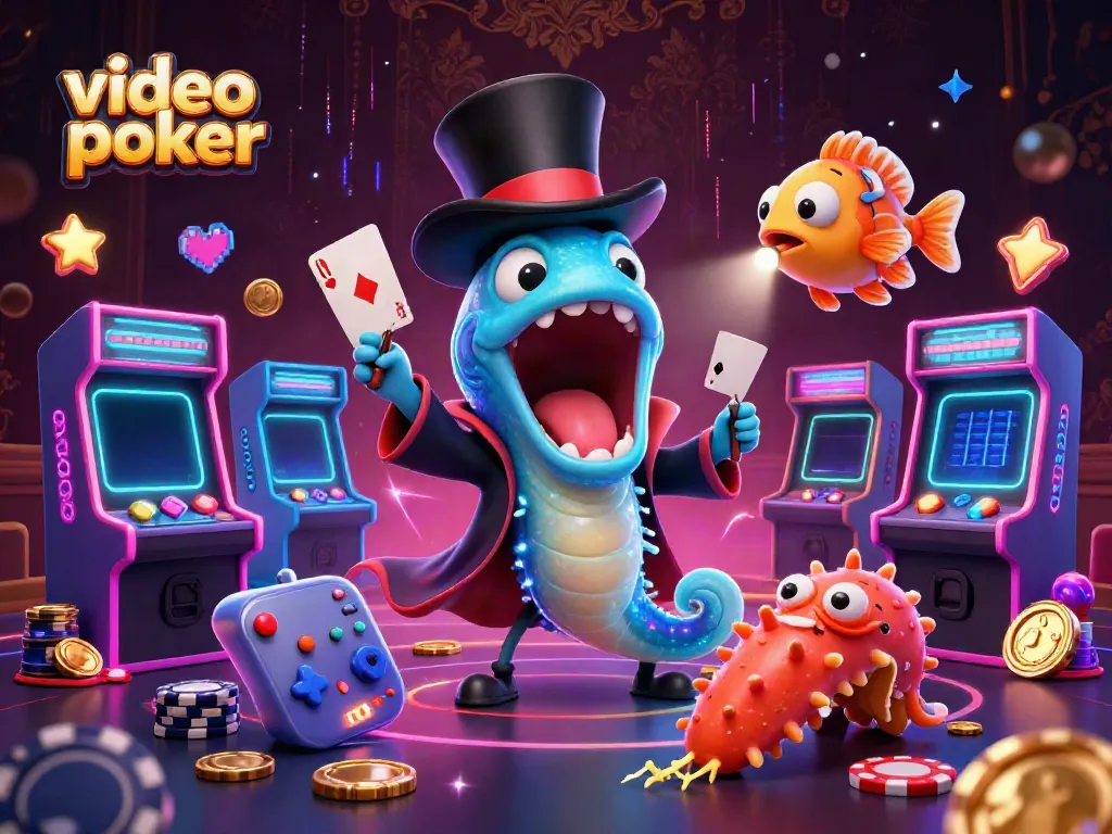 Experience thrilling video poker with cartoon characters showcasing magic tricks in a vibrant casino environment