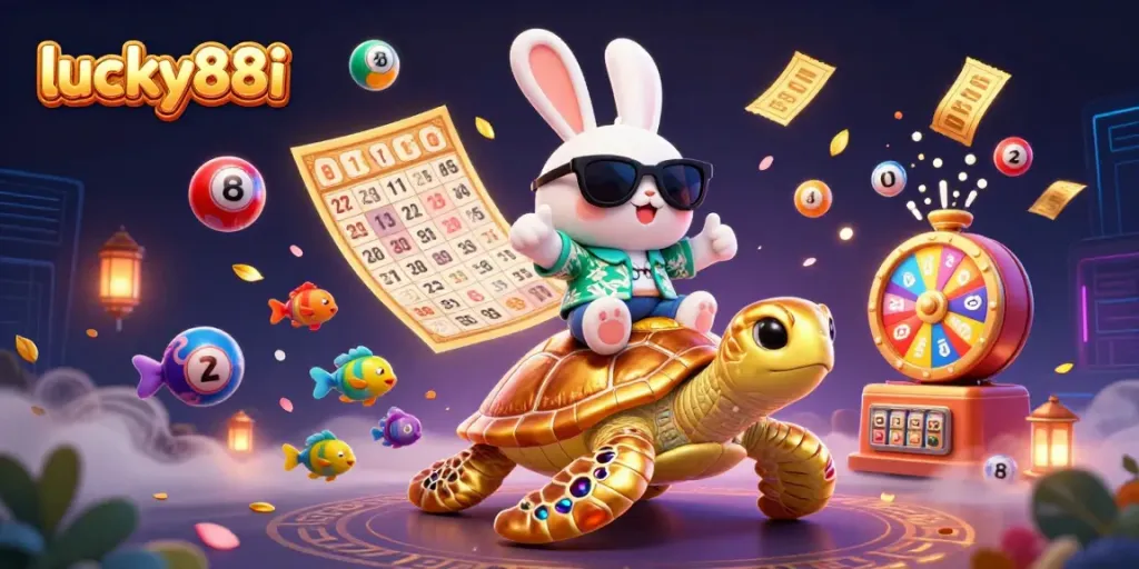 Experience entertainment at lucky88i with a lucky rabbit and golden turtle in a vibrant gaming scene.