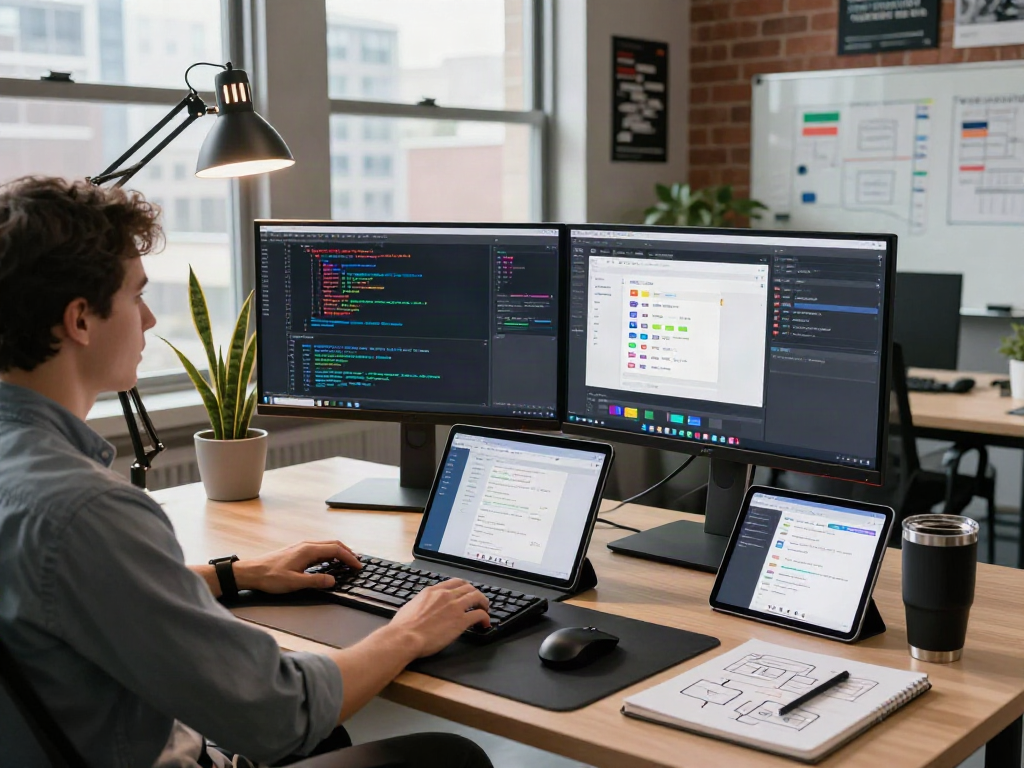 Développeur utilisant Atlas pro dans un bureau moderne avec plusieurs écrans de code