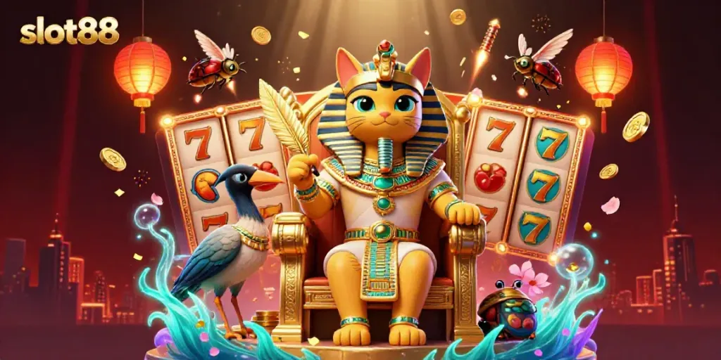 Experience the excitement of slot88 with a vibrant casino scene featuring a regal pharaoh cat and dynamic game elements!