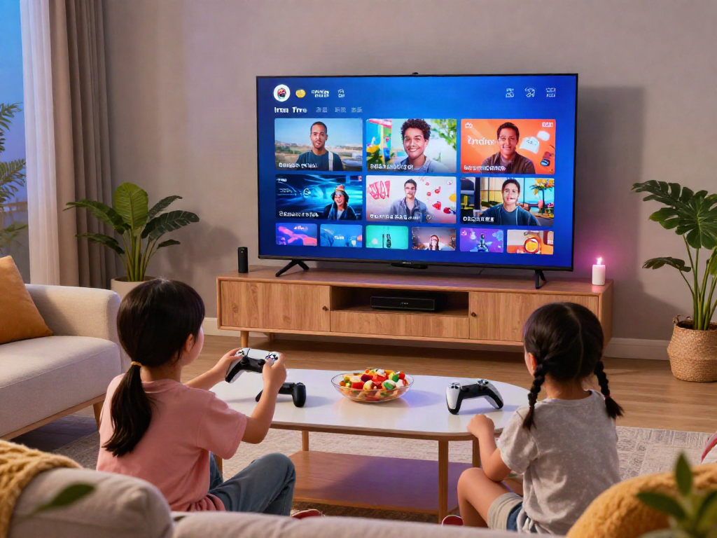 Moment convivial devant l'Iron TV Pro avec une famille s'amusant, télécommande et collations autour.