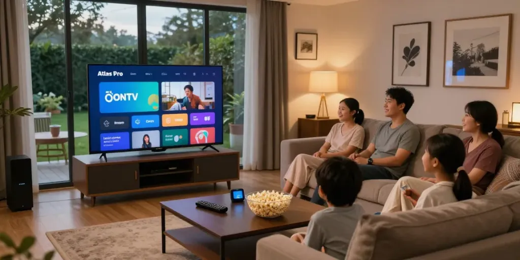 La famille profitant des chaînes de télévision avec l'application Atlas Pro dans un salon moderne.