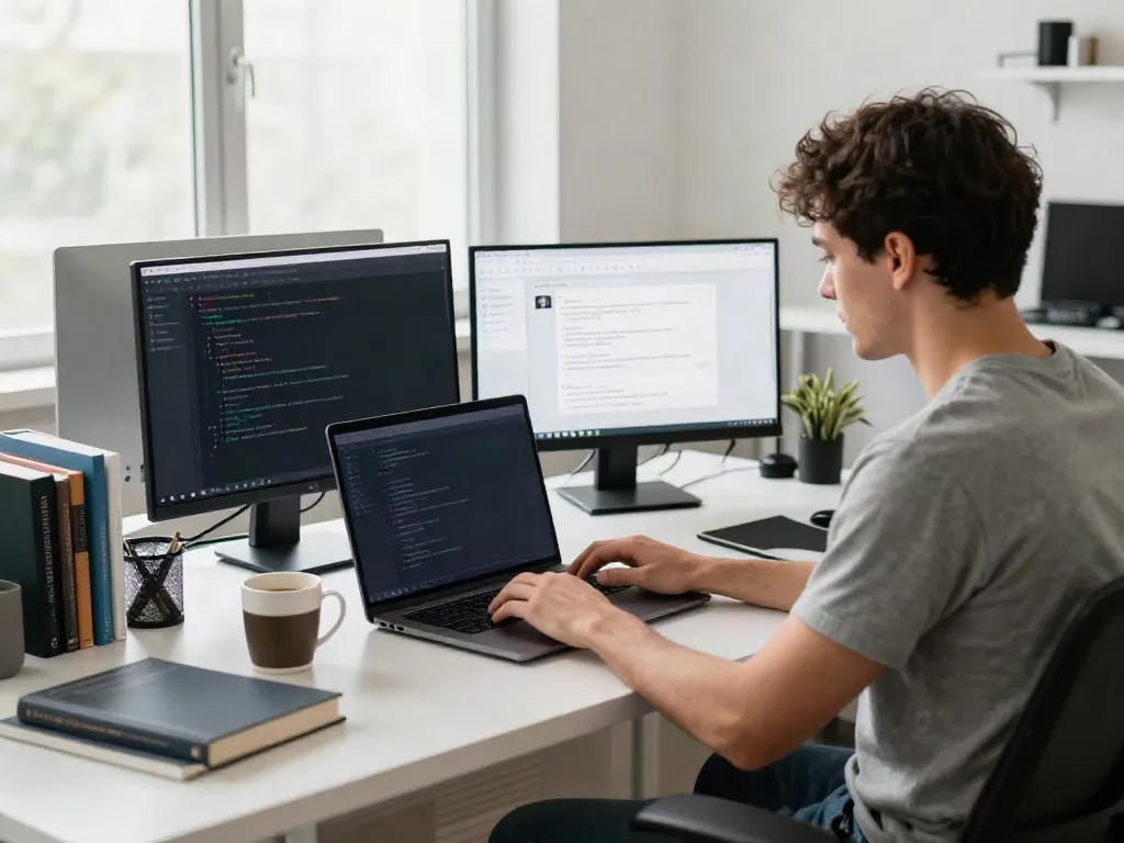 Developer working on an uncensored AI chat application in a modern office.