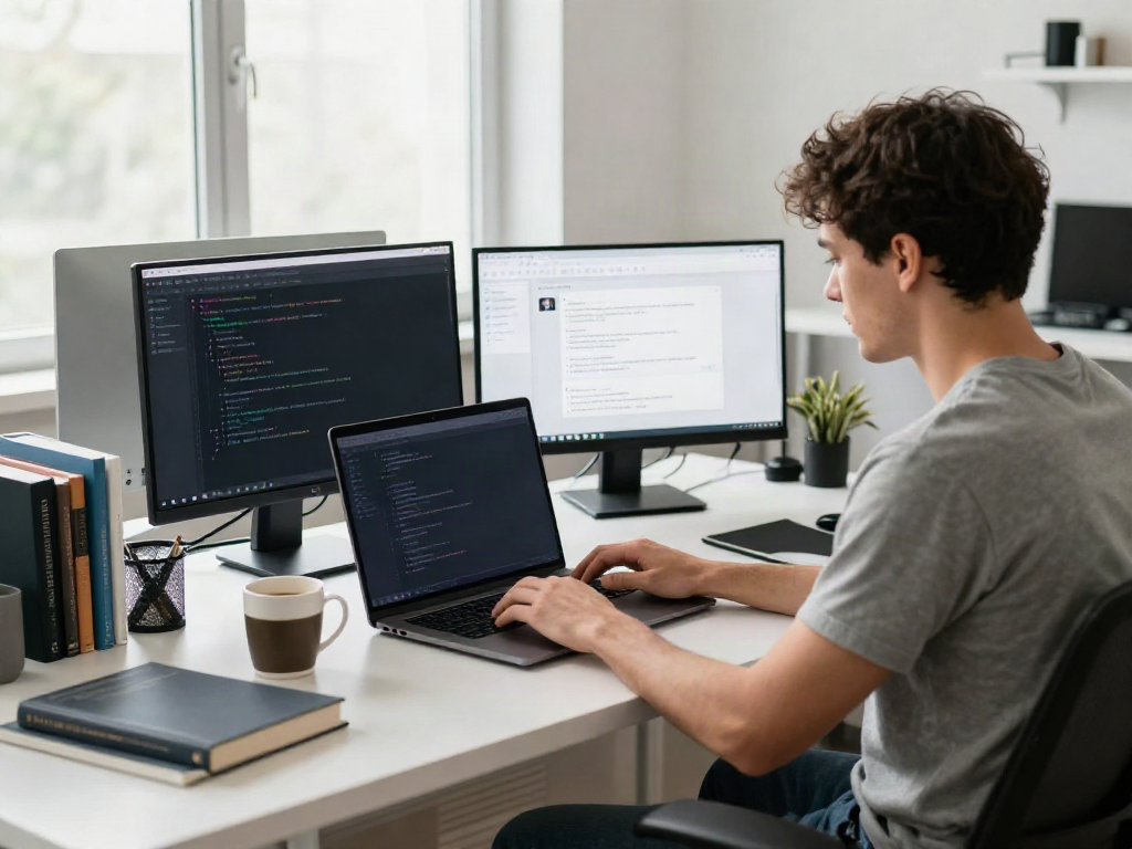 Developer working on an uncensored AI chat application in a modern office.